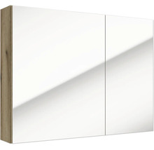Armoire de toilette à deux portes pour salle de bain avec côtés aspect bois et grandes surfaces miroir.