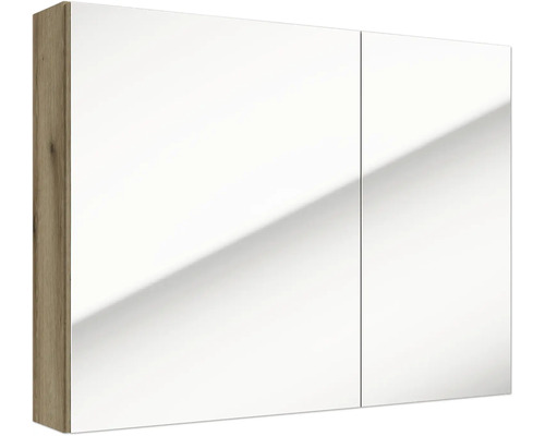 Armoire de toilette à deux portes pour salle de bain avec côtés aspect bois et grandes surfaces miroir.