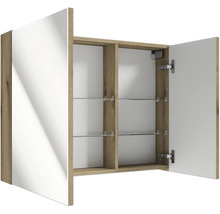 Armoire de toilette à deux portes pour salle de bain aspect bois avec porte droite ouverte, étagères en verre et aménagement intérieur.