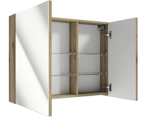 Armoire de toilette à deux portes pour salle de bain aspect bois avec porte droite ouverte, étagères en verre et aménagement intérieur.