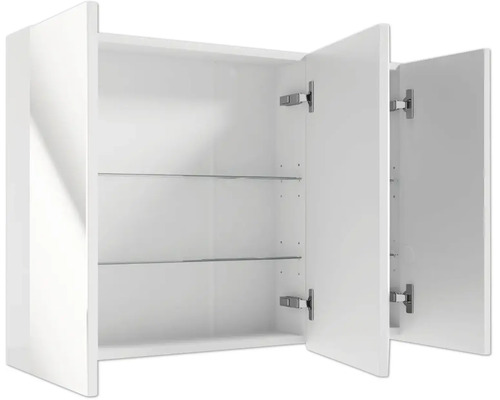 Dreitüriger Spiegelschrank fürs Badezimmer in Weiß mit geöffneten Türen und zwei Glaseinlegeböden.