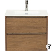 Meuble sous vasque avec deux tiroirs et lavabo en céramique blanche avec robinetterie (Image AI modified or generated)