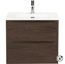 Meuble sous vasque avec lavabo et robinet en aspect bois foncé. (Image AI modified or generated)