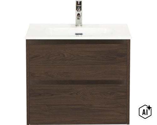 Meuble sous vasque avec lavabo et robinet en aspect bois foncé. (Image AI modified or generated)
