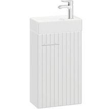 Gäste-WC-Waschtisch mit Waschbecken, Armatur und Unterschrank mit gerillter Front und verchromtem Griff.