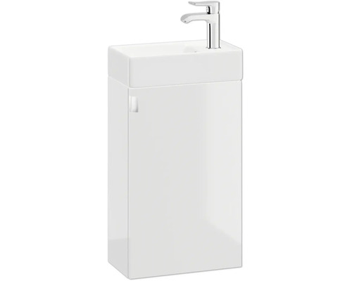 Schmaler Gästebad-Waschtischunterschrank in Weiss, inklusive Handwaschbecken und verchromter Armatur.