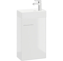 Gäste-WC-Waschtisch mit Unterschrank in Weiß-Hochglanz, inklusive Waschbecken, verchromter Armatur und Stangengriff.