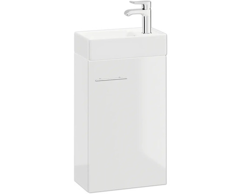 Gäste-WC-Waschtisch mit Unterschrank in Weiß-Hochglanz, inklusive Waschbecken, verchromter Armatur und Stangengriff.