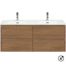 Doppelwaschtisch mit Holzoptik Unterschrank und zwei Armaturen (Image AI modified or generated)