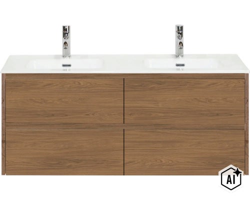 Doppelwaschtisch mit Holzoptik Unterschrank und zwei Armaturen (Image AI modified or generated)
