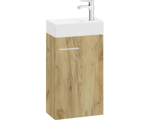 Waschbeckenunterschrank in Eichenoptik mit weißem Waschbecken und verchromter Armatur.