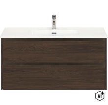Meuble vasque avec sous meuble en aspect bois et lavabo intégré incluant la robinetterie pour la salle de bain. (Image AI modified or generated)