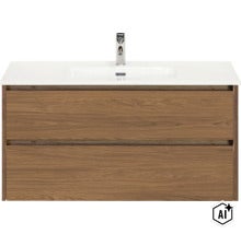 Meuble sous vasque avec deux tiroirs et lavabo incluant robinet en aspect bois (Image AI modified or generated)