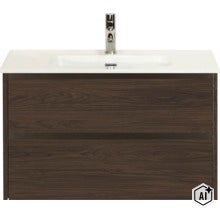 Meuble sous vasque avec deux tiroirs et lavabo blanc avec robinetterie aspect bois (Image AI modified or generated)