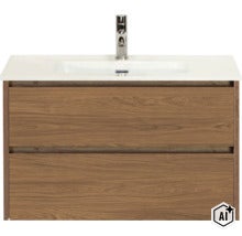 Meuble sous vasque avec deux tiroirs et lavabo intégré ainsi qu une robinetterie aspect bois. (Image AI modified or generated)