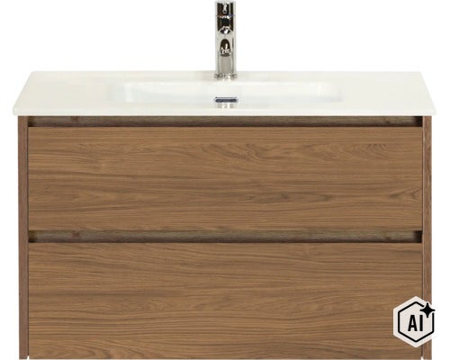 Meuble sous vasque avec deux tiroirs et lavabo intégré ainsi qu une robinetterie aspect bois. (Image AI modified or generated)