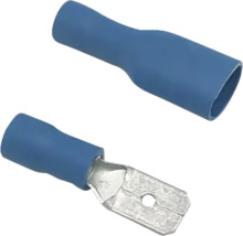 Cosse mâle isolée et cosse femelle entièrement isolée en bleu pour raccordements électriques.