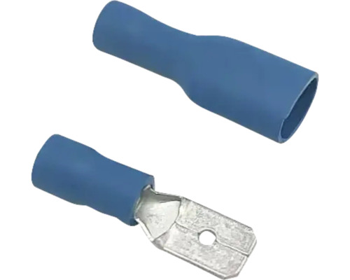 Cosse mâle isolée et cosse femelle entièrement isolée en bleu pour raccordements électriques.