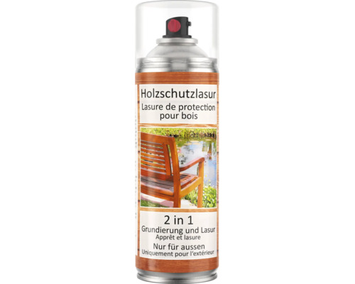 Sprühdose mit Holzschutzlasur, 2 in 1 Grundierung und Lasur, für den Aussenbereich.