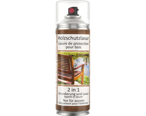 Holzschutzlasur Sprühdose, zwei in eins Grundierung und Lasur für den Aussenbereich.