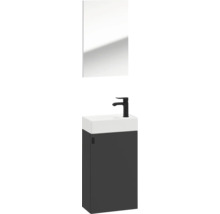 Gästebad-Set mit dunkelgrauem Unterschrank, weißem Waschbecken, schwarzer Armatur und rechteckigem Spiegel.