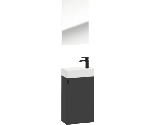 Gästebad-Set mit dunkelgrauem Unterschrank, weißem Waschbecken, schwarzer Armatur und rechteckigem Spiegel.
