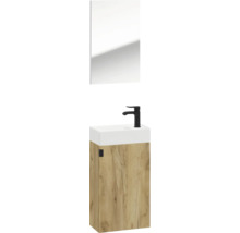 Gäste-WC-Set bestehend aus Waschbeckenunterschrank in Holzoptik, weißem Keramikbecken, schwarzer Armatur und Spiegel.