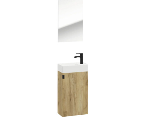 Gäste-WC-Set bestehend aus Waschbeckenunterschrank in Holzoptik, weißem Keramikbecken, schwarzer Armatur und Spiegel.