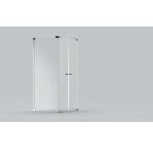 Cabine de douche en verre pour accès d angle avec ferrures métalliques.