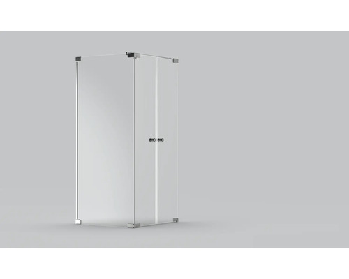 Cabine de douche en verre pour accès d angle avec ferrures métalliques.