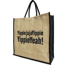 Grosse Einkaufstasche aus Jute mit schwarzen Henkeln und Seitenteilen, Text YippiejajaYippie YippieYeah und Hornbach Logo Etikett.