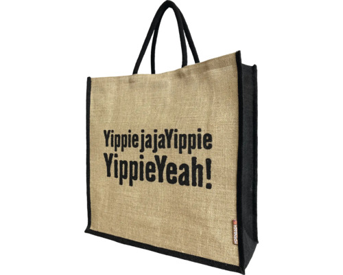 Einkaufstasche HORNBACH Jute Grosse Einkaufstasche aus Jute mit schwarzen Henkeln und Seitenteilen, Text YippiejajaYippie YippieYeah und Hornbach Logo Etikett.
