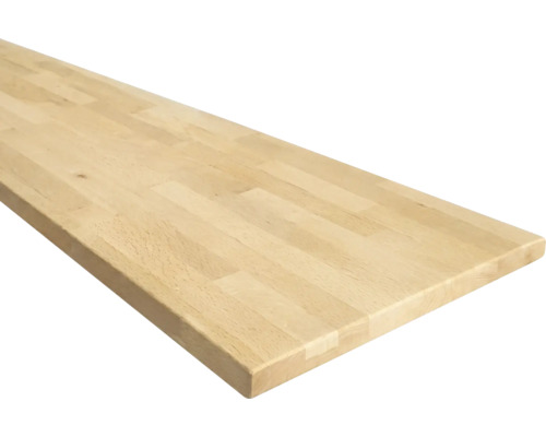 Plan de travail de cuisine en bois massif, avec joints à entures multiples, bois clair.