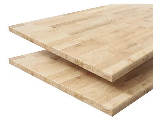 Plan de travail en bois massif abouté avec bord arrondi en chêne.