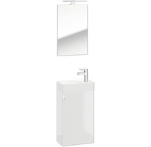 Gäste-Badmöbelset bestehend aus Waschbecken, Unterschrank, Armatur und Spiegel mit Beleuchtung.