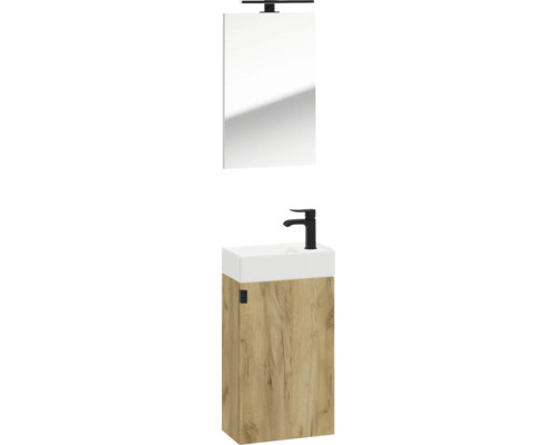 Gästebad-Set bestehend aus Waschbeckenunterschrank in Eichenoptik, weißem Waschbecken, schwarzer Armatur und Spiegel mit LED-Beleuchtung.