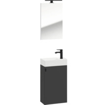 Gäste-WC-Set mit anthrazitfarbenem Unterschrank, weißem Waschbecken, schwarzer Armatur, Spiegel und LED-Beleuchtung.