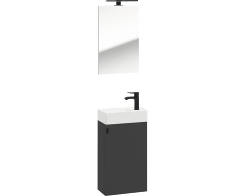 Gäste-WC-Set mit anthrazitfarbenem Unterschrank, weißem Waschbecken, schwarzer Armatur, Spiegel und LED-Beleuchtung.