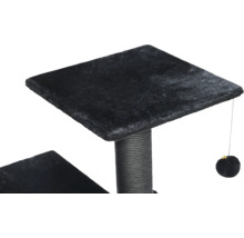 Schwarze Kratzbaum-Plattform mit Plüschbezug, einer Sisal-Kratzsäule und einem hängenden Spielball.