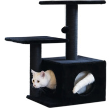 Kratzbaum mit Höhle, zwei Liegeflächen, Sisalstämmen und Spielball, mit einer weißen Katze.