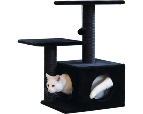 Kratzbaum mit Höhle, zwei Liegeflächen, Sisalstämmen und Spielball, mit einer weißen Katze.