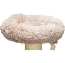 Plüschiges Katzenbett für Kratzbäume, montiert auf einem mit Sisal umwickelten Stamm mit einem Spielseil.