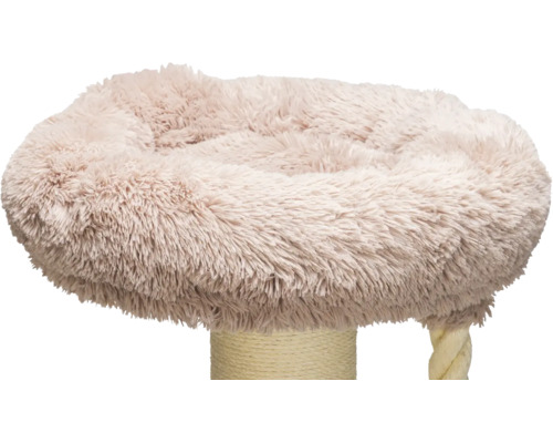 Plüschiges Katzenbett für Kratzbäume, montiert auf einem mit Sisal umwickelten Stamm mit einem Spielseil.