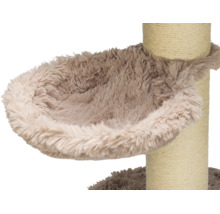 Plüsch-Liegemulde für Katzen an einem mit Sisal umwickelten Kratzstamm.