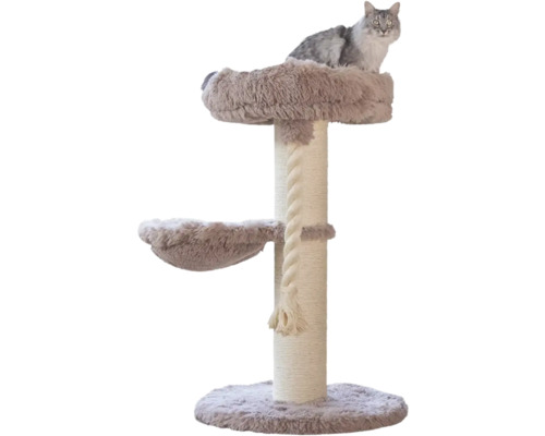 Graubrauner Kratzbaum mit Sisalstamm, zwei Liegeflächen aus Plüsch und Spieltau. Eine Katze sitzt auf der oberen Plattform.