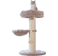 Kratzbaum mit Sisalstamm, zwei Liegeflächen aus Plüsch, Spieltau und einer Katze.