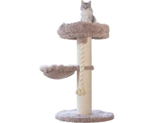 Kratzbaum mit Sisalstamm, zwei Liegeflächen aus Plüsch, Spieltau und einer Katze.