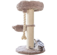 Kratzbaum mit Sisalstamm, Plüsch-Liegeflächen, Spieltau und einer Katze auf der Bodenplatte.