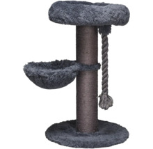 Grauer Kratzbaum mit Sisalstamm, Liegefläche und Liegemulde aus Plüsch sowie Spieltau.