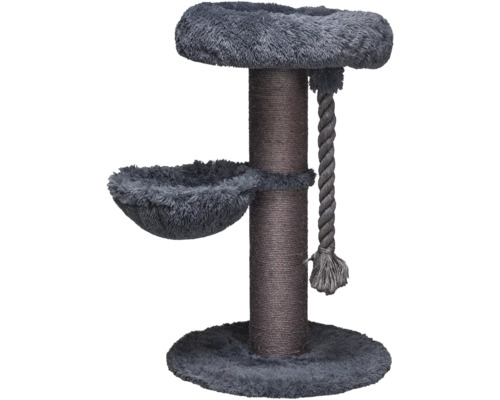 Grauer Kratzbaum mit Sisalstamm, Liegefläche und Liegemulde aus Plüsch sowie Spieltau.